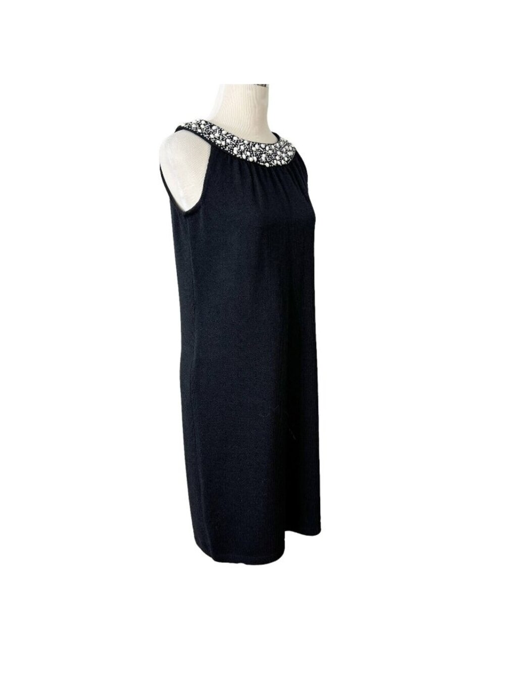 St John Collection LBD Black Knit Dress with White Neckline Beading Size 6 USA